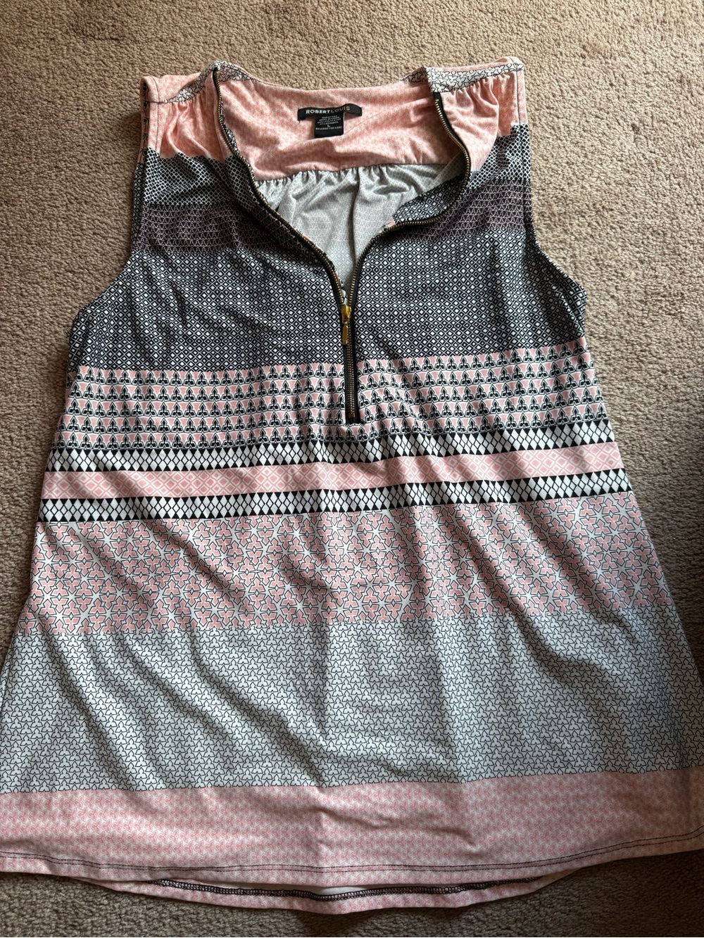 Robert Louis Pink and Gray Patterned Zip-Front Tank Top